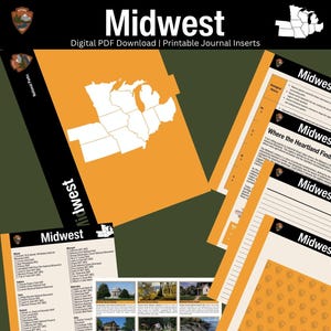 May include: A digital PDF download of printable journal inserts titled Midwest, featuring orange and black pages with maps, lined paper, historical text, and photographic grids of national parks. Includes a Random Ramblings Co logo.