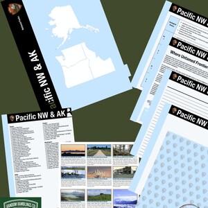 Könnte beinhalten: Ein digitales, druckbares Set mit dem Titel Pacific NW & AK, das Karten von Alaska, Washington und Oregon, Listen von Nationalparks, historische Informationen und fotografische Briefmarken sowie Text und Musterseiten enthält.