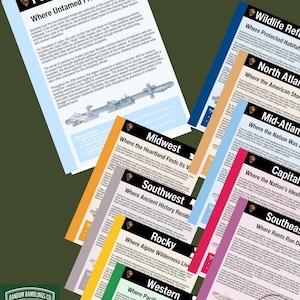 May include: A collection of educational fact sheets featuring regional titles such as Midwest, Southwest, Rocky, and Western. Each sheet includes a National Park Service logo, descriptive text about American geography, and small illustrations.