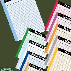 May include: A collection of lined journal pages featuring colourful side borders and black headers labelled with regional names like Western, Pacific NW & AK, Wildlife Refuges, North Atlantic, Southeast, Midwest, Southwest, and Rocky.