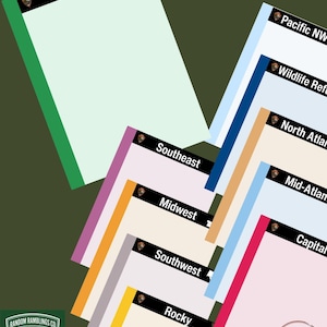 May include: A collection of printable pages featuring coloured side borders and black headers labelled with regional names like Southeast, Midwest, Southwest, Rocky, Pacific NW, Wildlife Refuge, North Atlantic, Mid-Atlantic, and Capital, with a logo.
