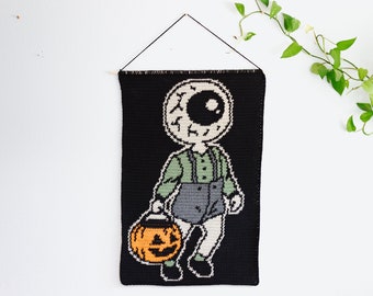 Eyeball Doll (boy) tapestry crochet pattern / Wall hanging / spooky art / instant download / weird art / home decor / Halloween decor
