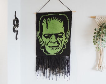 Frankenstein monster tapestry crochet pattern / Wall hanging / weird art / home decor / goth art / monster art / Halloween decor