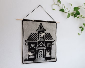 Haunted house tapestry crochet pattern / Wall art / instant download / weird art / home decor / Halloween diy / Halloween crochet pattern