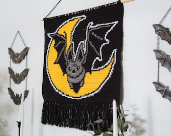 Gone bats tapestry crochet pattern / Wall hanging / bat crochet / instant download / bat / Halloween crochet / bat moon