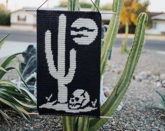 Desert skull tapestry crochet pattern / Wall hanging / cactus / southwest art / ghost art / Halloween crochet / Arizona home decor