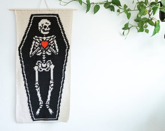 Coffin skeleton tapestry crochet pattern / Wall hanging / spooky art / instant download / ghost art / Halloween crochet / dark art