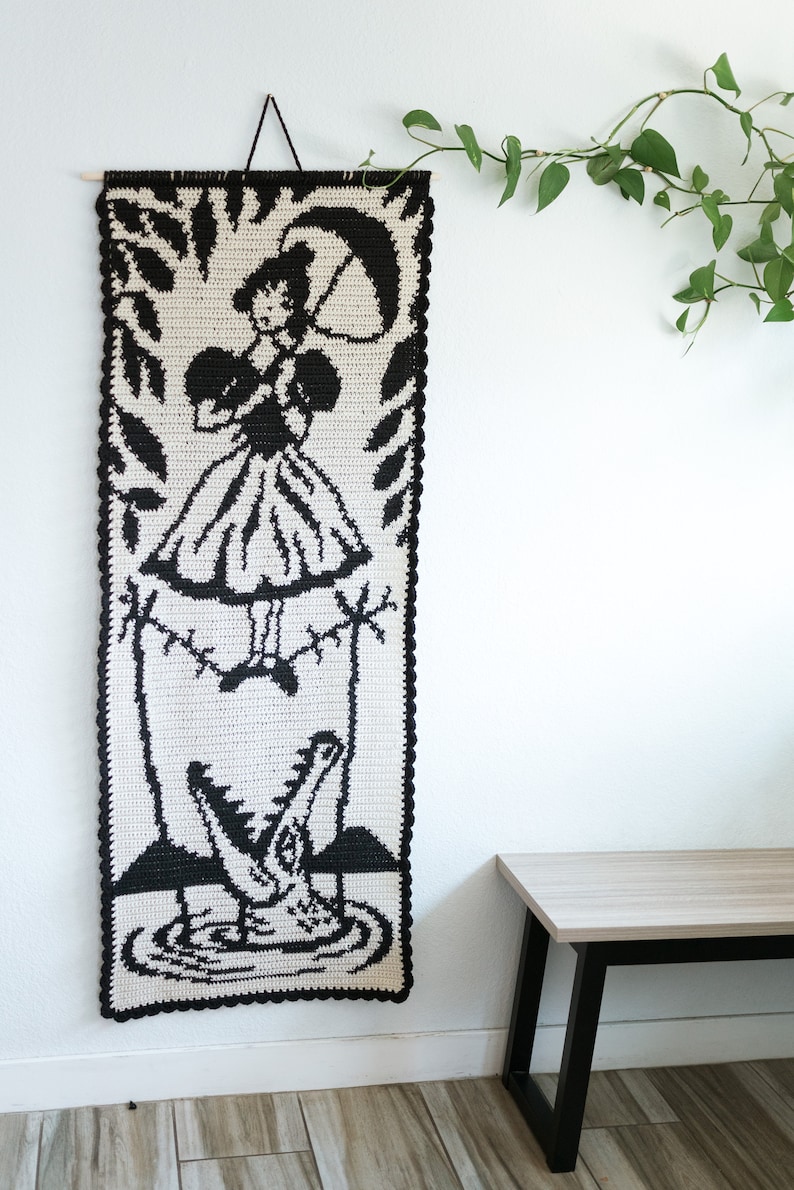 Haunted Mansion tightrope girl tapestry crochet pattern / Wall hanging / instant download / weird art / Disneyland fan art / Halloween decor image 3