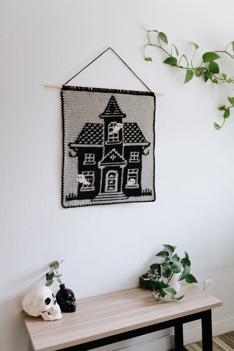 Haunted house tapestry crochet pattern / Wall art / instant download / weird art / home decor / Halloween diy / Halloween crochet pattern image 1