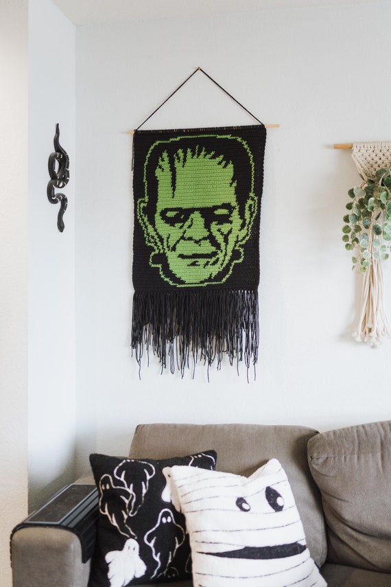 Frankenstein monster tapestry crochet pattern / Wall hanging / weird art / home decor / goth art / monster art / Halloween decor