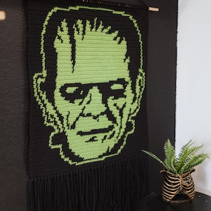 May include: A black and green crocheted wall hanging featuring a portrait of Frankenstein's monster. The hanging has black fringe.