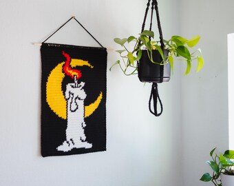 Halloween candle tapestry crochet pattern / Wall hanging / candle crochet / instant download / bat / Halloween crochet / burning candle moon