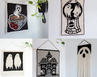 Ghost pattern BUNDLE tapestry crochet / Wall hanging / dark art / instant download / weird art / home decor / Halloween art