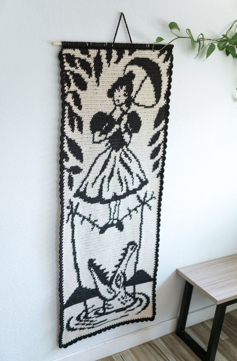 Haunted Mansion tightrope girl tapestry crochet pattern / Wall hanging / instant download / weird art / Disneyland fan art / Halloween decor image 2