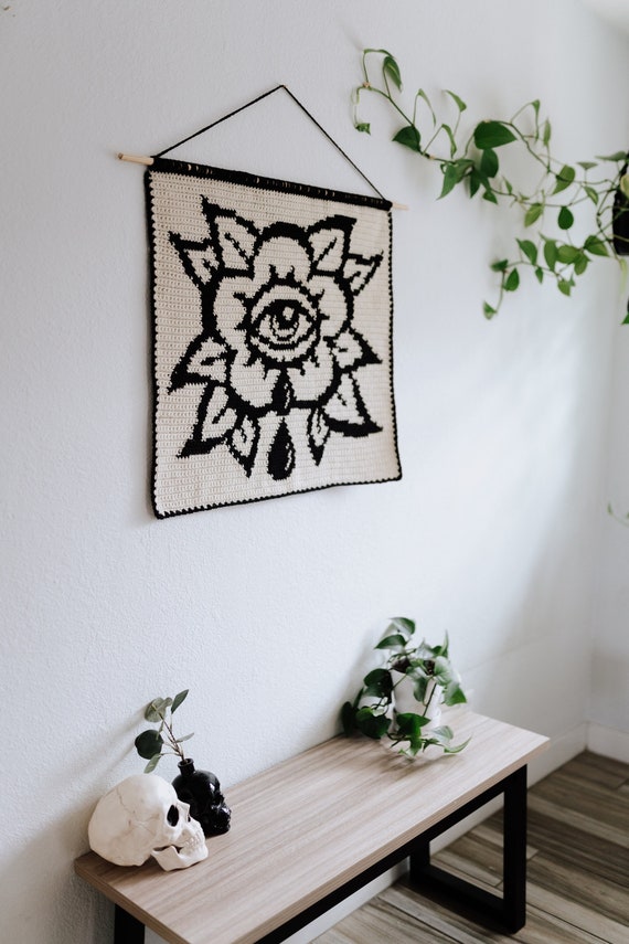 Sad flower black and white tapestry crochet pattern Wall hanging  instant download weird art home decor