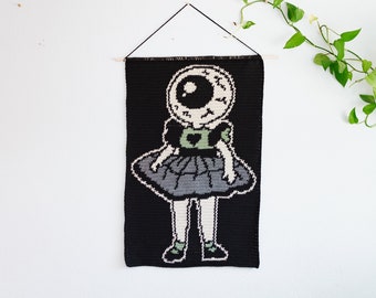 Eyeball Doll (fem) tapestry crochet pattern / Wall hanging / spooky art / instant download / weird art / home decor / Halloween decor