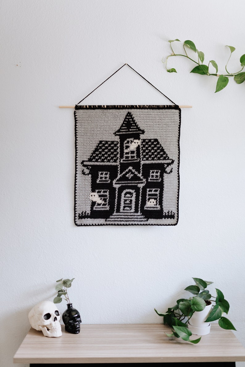 Haunted house tapestry crochet pattern / Wall art / instant download / weird art / home decor / Halloween diy / Halloween crochet pattern image 6