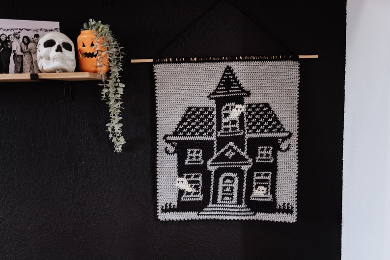 Haunted house tapestry crochet pattern / Wall art / instant download / weird art / home decor / Halloween diy / Halloween crochet pattern image 2