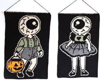 Eyeball Doll Tapestry Crochet Pattern, Spooky Halloween Wall Hanging (PDF Pattern)