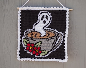 Boo brew tapestry crochet pattern / Wall hanging  / weird art / halloween crochet / Halloween decor / ghost crochet / coffee cup