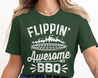 Camiseta Flippin' Awesome BBQ, camiseta gráfica de churrasqueira, camiseta engraçada de culinária, presente para mestre da churrasqueira, camiseta de festa de churrasco de verão