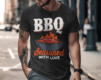Grafisch T-shirt BBQ gekruid met liefde, grappig Grill Master-T-shirt, shirt barbecueliefhebber, cadeau-idee grillen, BBQ-shirt Vaderdag