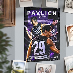 May include: A purple and black poster featuring a football player wearing a black jersey with the number 29 on it. The poster includes the text "Pavlich Matthew" and "Programmed".
