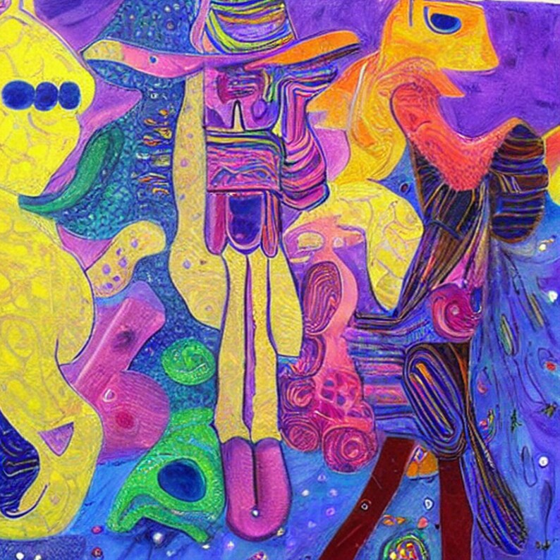 Peut inclure: Une peinture abstraite aux couleurs vives et aux lignes tourbillonnantes. La peinture pr&eacute;sente une vari&eacute;t&eacute; de formes et de figures, notamment des cercles, des carr&eacute;s et des triangles. Les couleurs sont vives et audacieuses, et les lignes sont fluides et dynamiques. La peinture est une c&eacute;l&eacute;bration de la couleur et du mouvement.