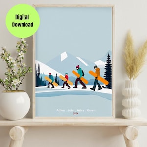 Personalized Family Snowboarding Poster, Custom Snowboard Print, Family Snowboard Art, Snowboard Gift, Custom Family Ski Poster #MA_ACT_P_4