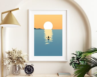 Minimalist Kayaking Art Print: Sunset Lake Scene (Digital Download)
