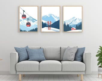 Vintage Ski Art Print Set: Retro Cable Cars, Snow Hut (Digital Download)