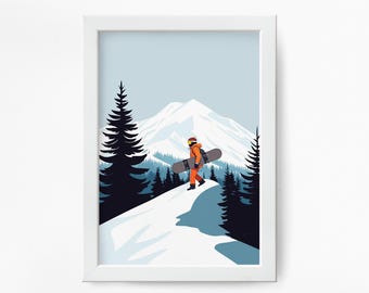 Puede incluir: Impresión enmarcada de un snowboarder en naranja que lleva una tabla de snowboard en un sendero de montaña nevado. El fondo muestra una montaña cubierta de nieve y árboles de hoja perenne bajo un cielo azul claro. Estilo gráfico minimalista.