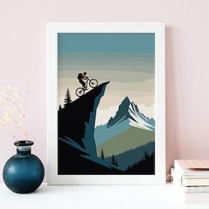 May include: A silhouette of a mountain biker riding down a cliff edge with a mountain range in the background. The sky is a light blue with a gradient of white clouds.