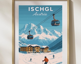 Póster de esquí de Ischgl, Austria – Impresión alpina vintage (Descarga digital)