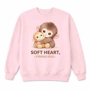 May include: Pink sweatshirt featuring a graphic of two cartoon monkeys hugging. The larger monkey is brown, and the smaller monkey is orange. The text "SOFT HEART, • STRONG SOUL." is printed below the image.