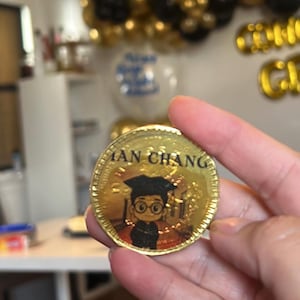 Custom Chocolate Coin Stickers | Personalized Candy Labels | Casino, Birthday, Graduation, Valentine Party Favors | Gold Coin Tags