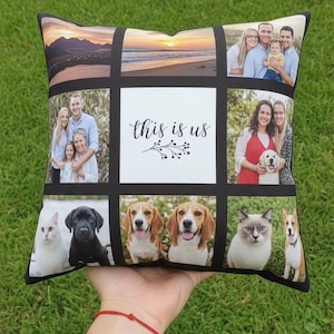 May include: A personalized pillow featuring family photos and pets. The pillow has a black border and a white center with the text "this is us". The photos include a sunset, family portraits, and images of dogs and cats.