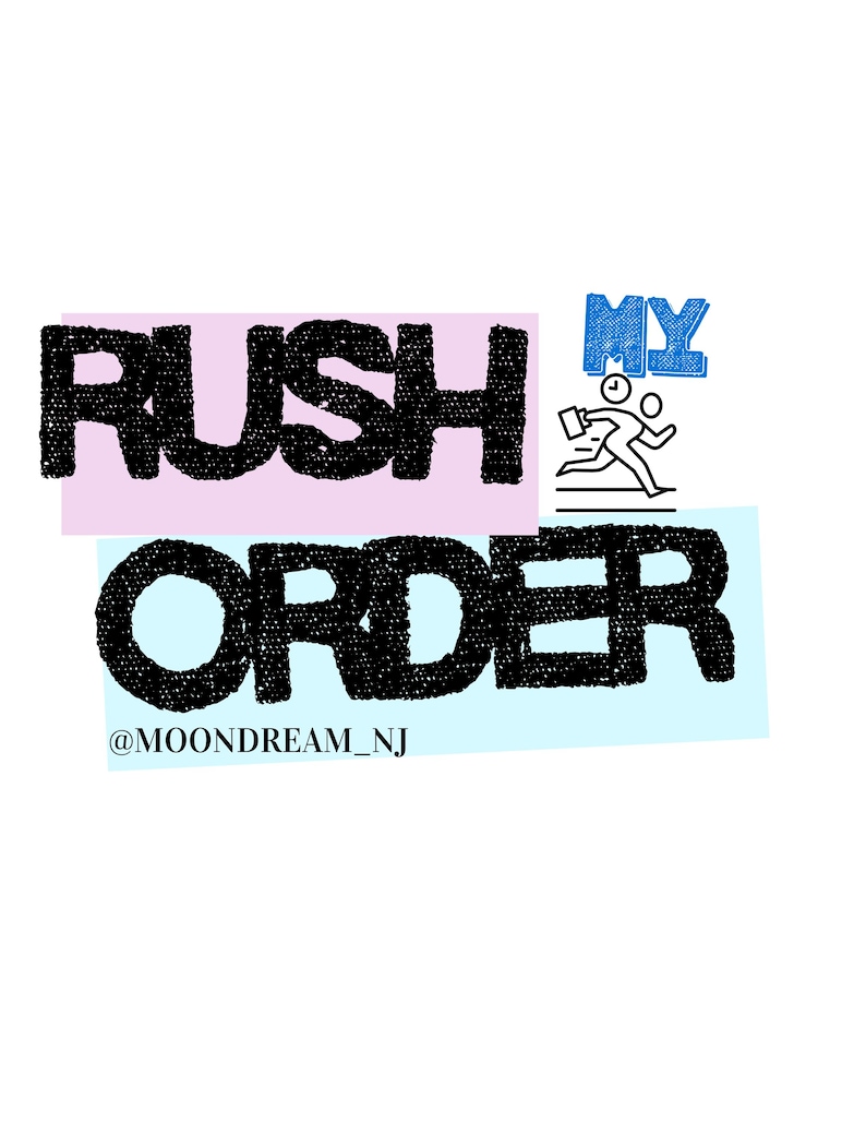 Może przedstawiać: Grafika tekstowa z napisem "RUSH ORDER" czcionką w czarnym kolorze, na r&oacute;żowym i niebieskim tle. Obecna jest r&oacute;wnież mała ilustracja biegnącej osoby z teczką oraz słowo "MY" w kolorze niebieskim.