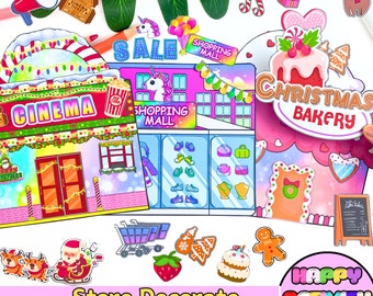 3 Tienda de decoración de panadería DIY (manualidades de panadería, ropa y cine) Actividad para niños imprimible, página de libro ocupado, casa de muñecas de papel DIY