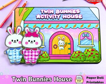 Quiet Book Printables Twin Bunnies Paper Doll House, Paper Dolls Printables, Doll House, Dollhouse Cutting Practice, Unique Gifts