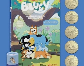 2026 Bluey Coins 2 dollarbucks - Complete Set of 7 Coins includes 2 Color Till Coins and folder