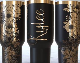 Personalized Floral Engraved 40oz Tumbler, Custom Name Travel Cup