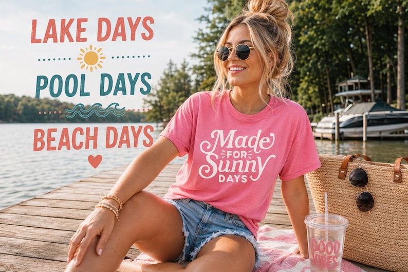 May include: A bright pink short-sleeved t-shirt with white cursive text that reads Made FOR Sunny DAYS. The shirt is paired with blue denim shorts. The graphic text LAKE DAYS, POOL DAYS, and BEACH DAYS appears in the upper left corner.