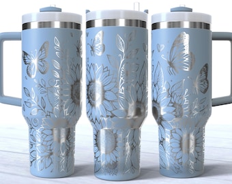 Laser Engraved Butterfly Floral Tumbler | 40oz Stainless Steel Insulated Cup (with Straw)