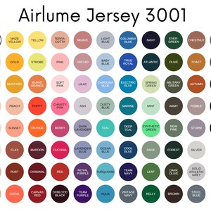 May include: A color chart for Airlume Jersey 3001 featuring a grid of circular swatches in various shades including white, yellow, pink, blue, green, and grey. Each circle contains the corresponding color name printed in black text.