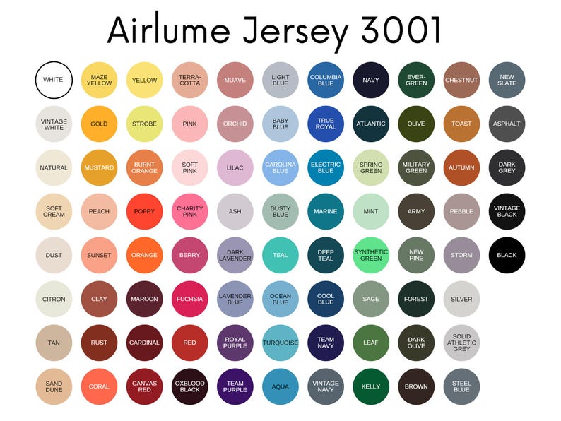 May include: A color chart for Airlume Jersey 3001 featuring a grid of circular swatches in various shades including white, yellow, pink, blue, green, and grey. Each circle contains the corresponding color name printed in black text.
