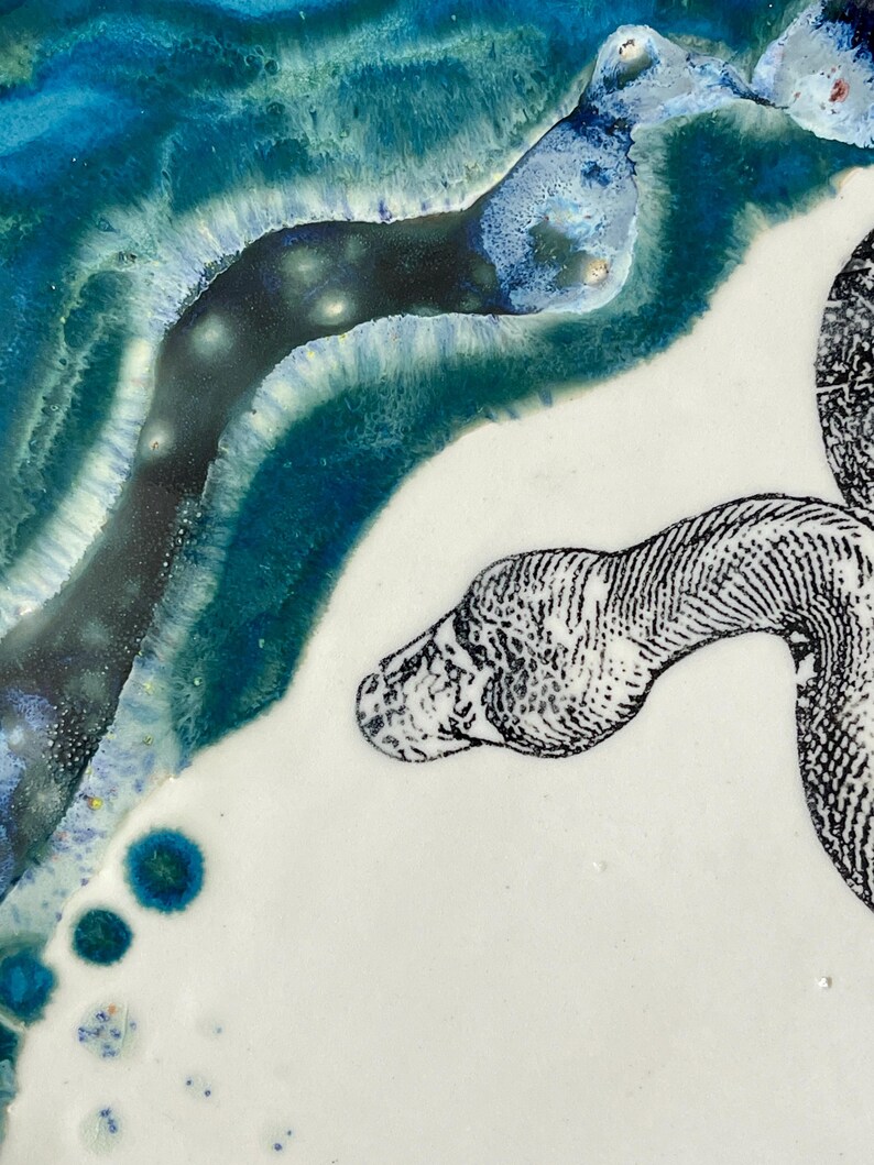 May include: A ceramic plate with a white surface, decorated with a black and white snake illustration. The upper left corner has an abstract design in shades of blue and teal, with a glossy finish.