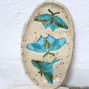 Handmade Ceramic Trinket Dishes | blue green moths | flowers | moon and stars
