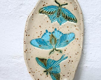 Handmade Ceramic Trinket Dishes | blue green moths | flowers | moon and stars