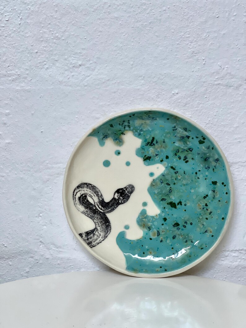 May include: A circular ceramic plate featuring a white base and a turquoise blue glaze. A black and white illustration of a snake is on the white section. The plate has a slightly raised edge.
